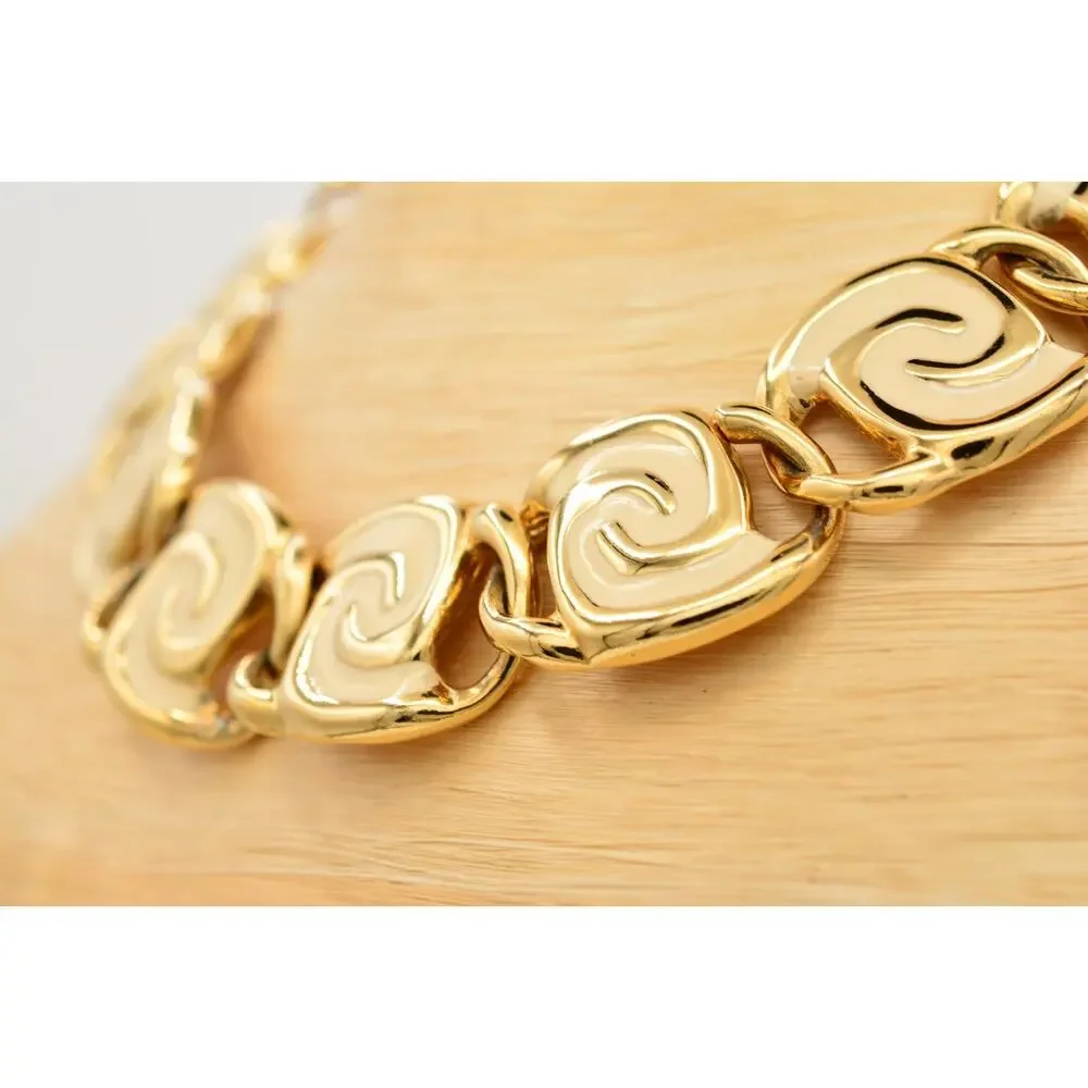 Vintage Cream Enamel Swirl Statement Necklace Collar Gold Chunky Heavy 80s BinY